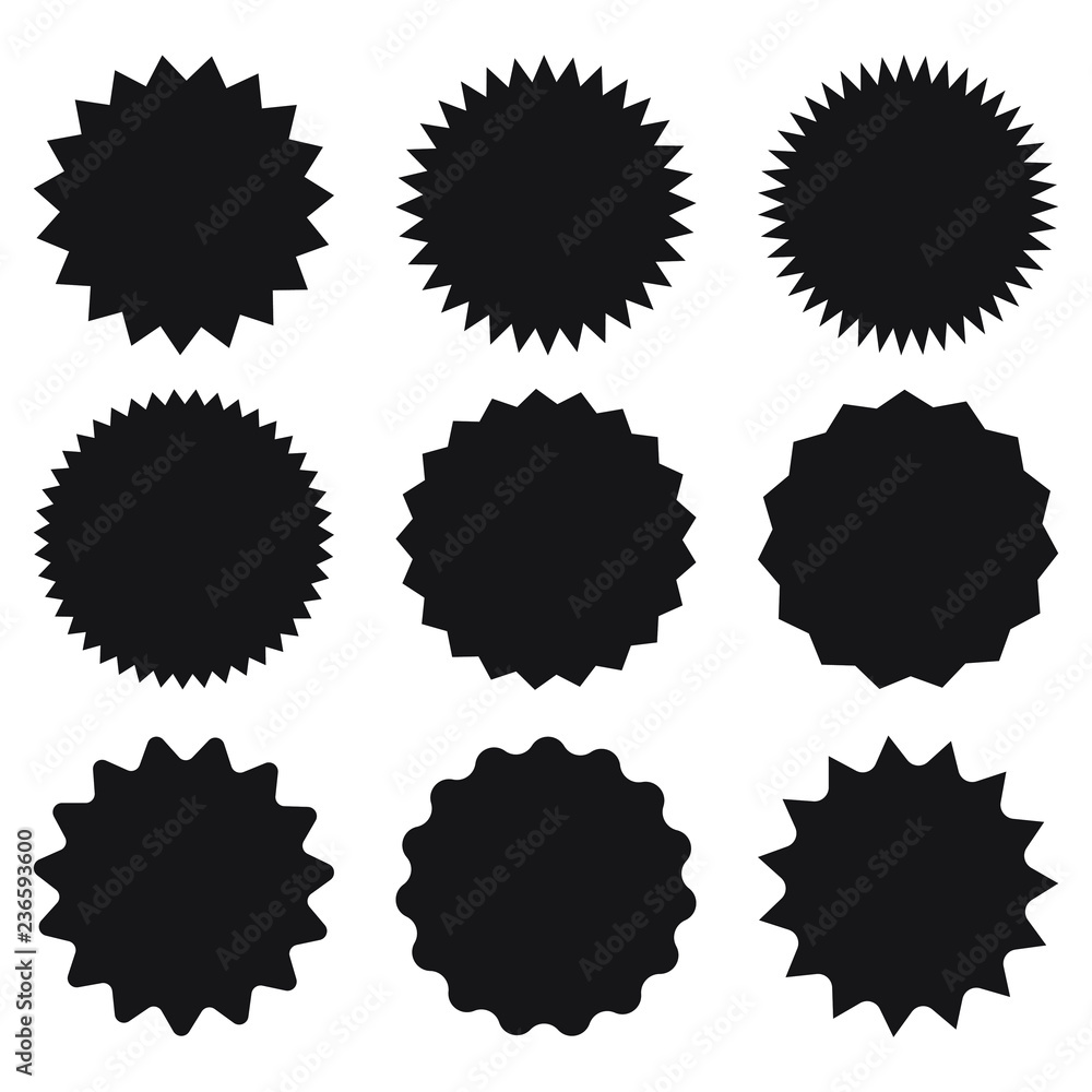 Set of vector starburst, sunburst badges. Black icons on white background. Simple flat style vintage labels, stickers. Set of vector starburst, sunburst badges. Black icons on white background. Simple flat style vintage labels, stickers.