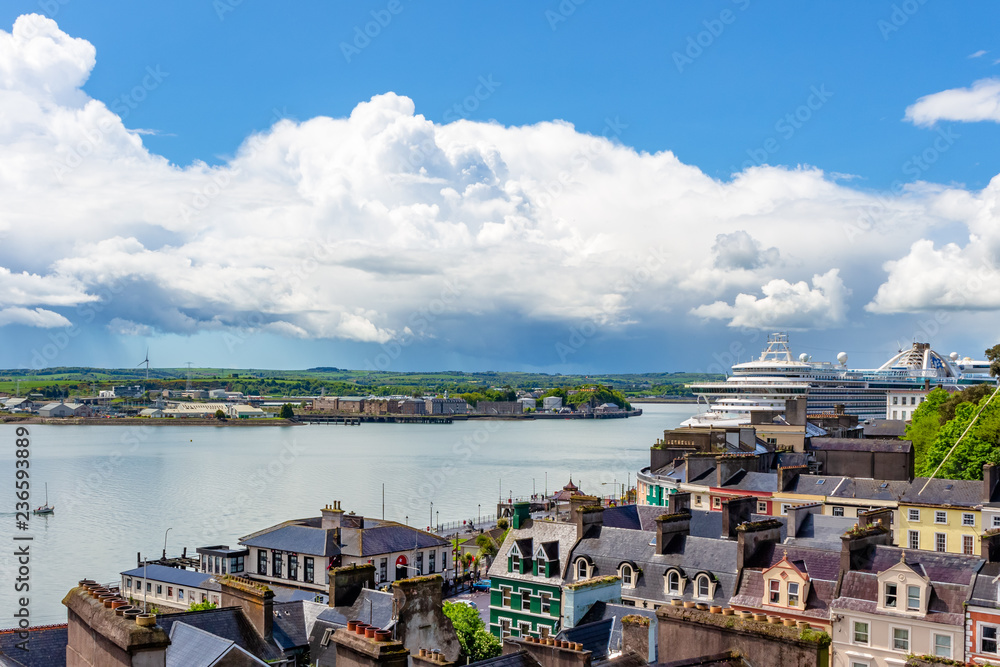 Aerial view of the estuary of the river Lee, from the city of Cobh, where transanlantics run