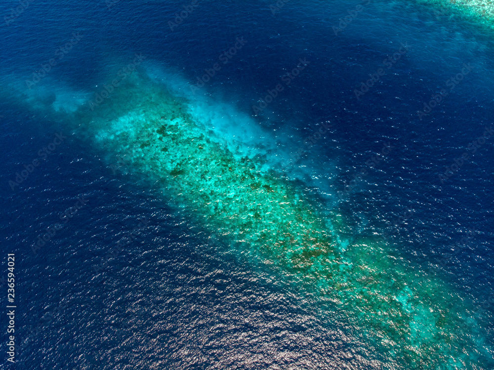 Aerial top down coral reef tropical caribbean sea, turquoise blue water. Indonesia Wakatobi archipelago, marine national park, tourist diving boat travel destination