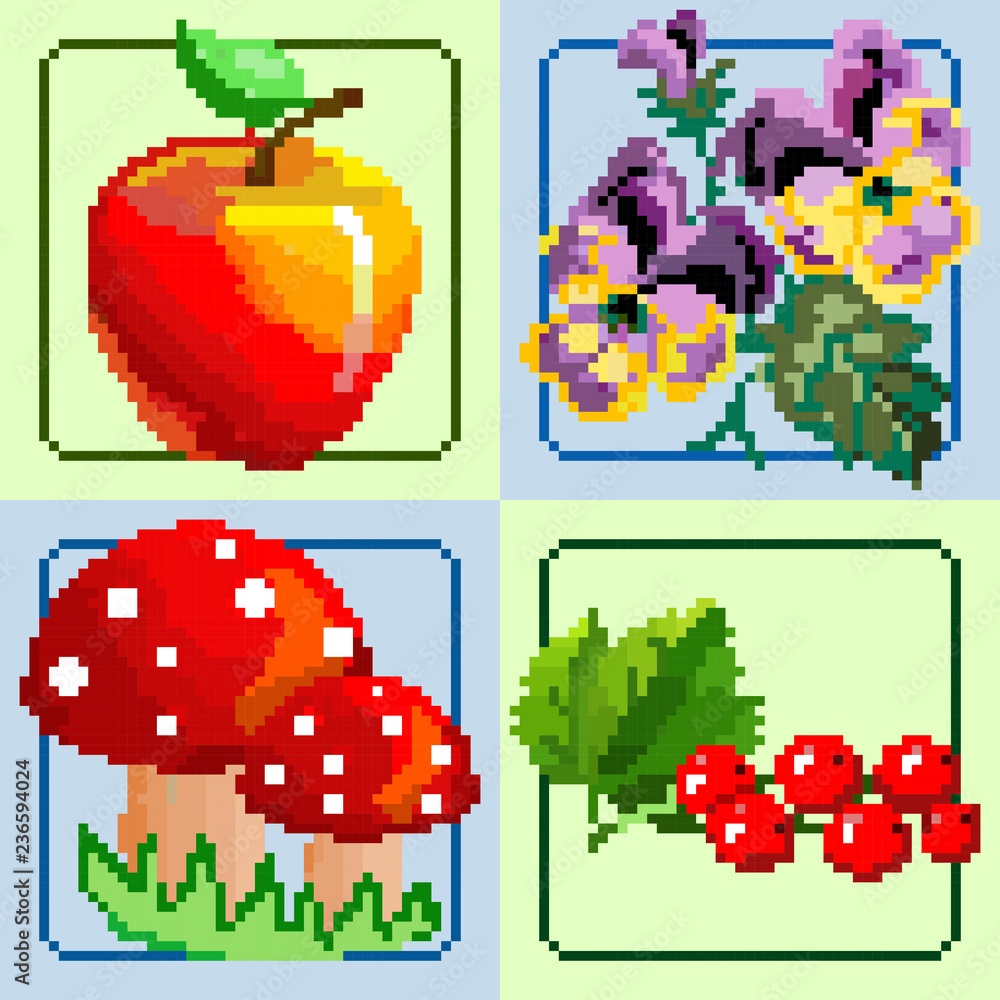 Set of four vector pixel art isolated images of plants. Apple, mushrooms, berries, pansies flowers on a gentle blue and mint background. Vector illustration