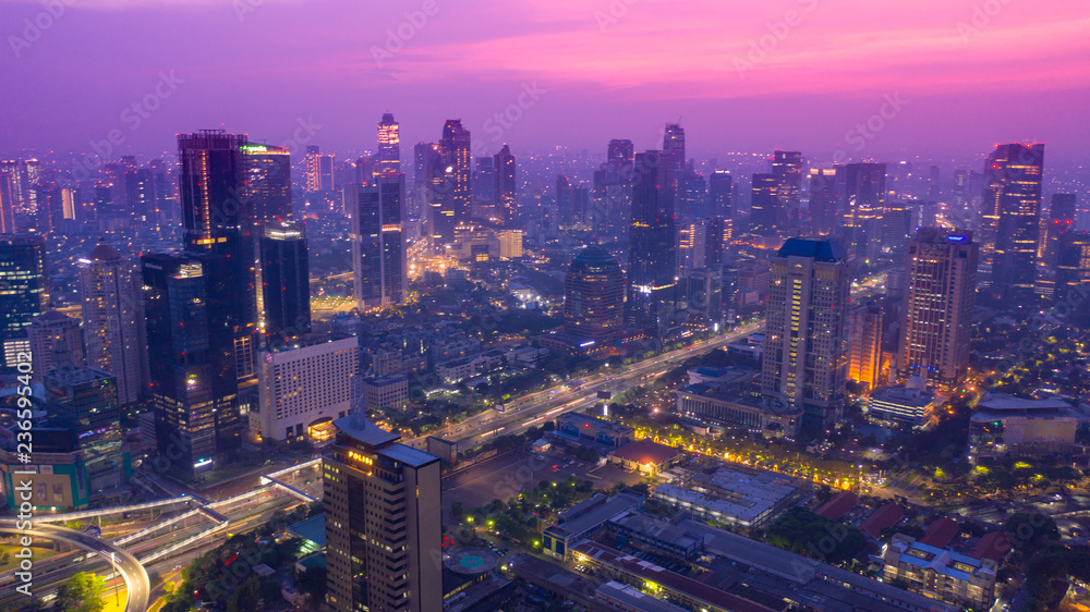 Jakarta city with skyscrapers at dawn time