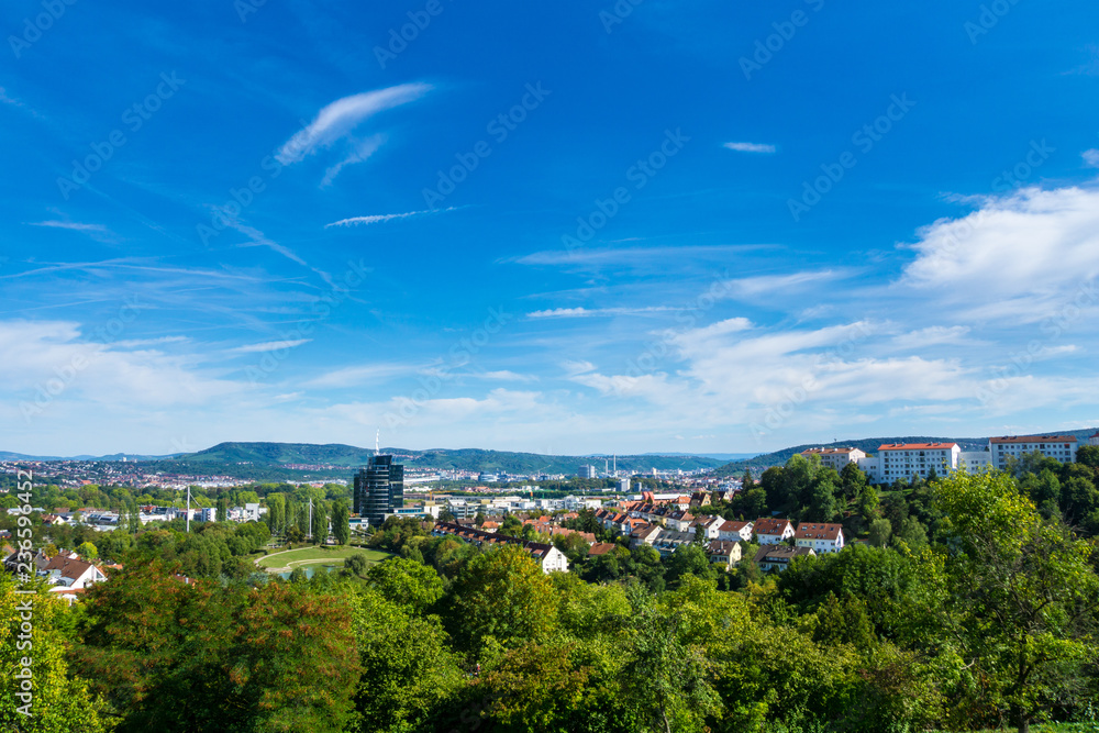 Germany, Stuttgart Killesberg houses between green trees from city park above
