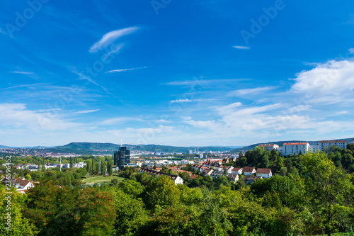 Germany, Stuttgart Killesberg houses between green trees from city park above