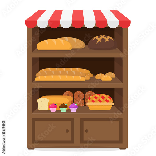 Bäckerei Verkaufsregal mit Backaren Flat Design isoliert auf weißem Hintergrund