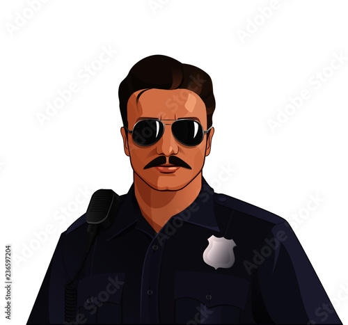 Vector illustration of a handsome confident caucasian police officer 80's  style in sunglasses and with moustache isolated. Stock Vector | Adobe Stock