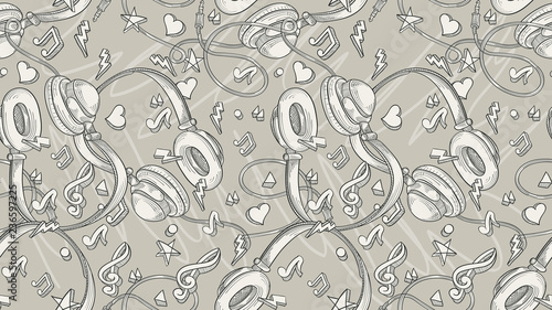 Hand drawn musical  headphones - seamless monochrome pattern