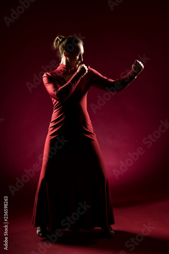 Lady in red gown standing and posing in studio. Portrait of beautiful elegant woman in evening dress