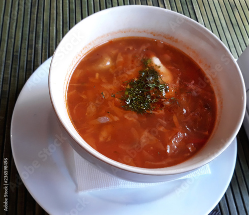 Ukrainian borsch. Popular beet soup of Eastern Europe. Healthy food with lots of vegetables.