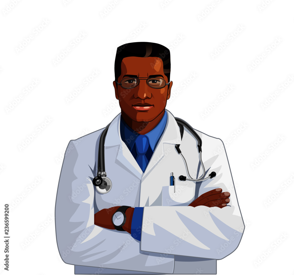 Vector illustration of young confident black doctor of medecine in white gown with stethoscope standing with crossed arms.