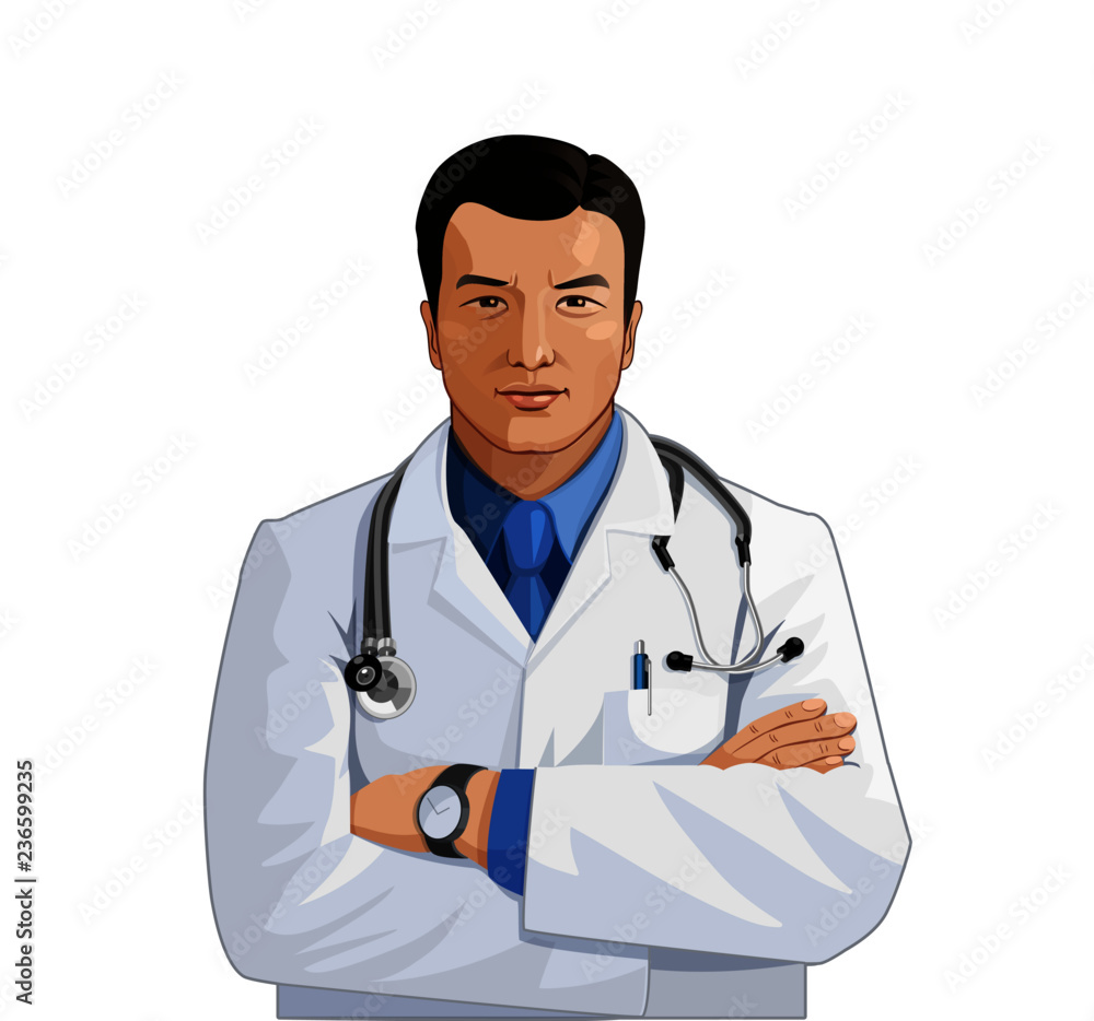Vector illustration of young confident asian doctor of medecine in white gown with stethoscope standing with crossed arms. Vector illustration of young confident asian doctor of medecine in white gown with stethoscope standing with crossed arms.