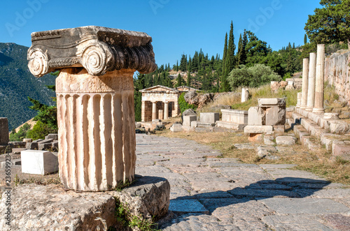 Ancient Greek columns viewed from top in delphi archaeological site Greece