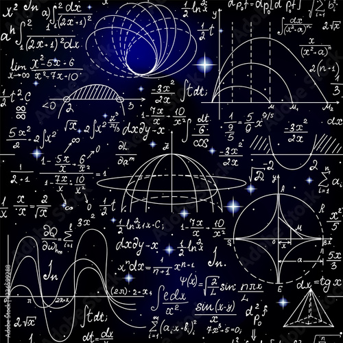 Mathematical vector seamless pattern with formulas, figures and calculations handwritten on the background of stars