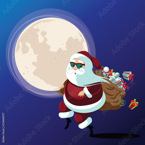 Secret Santa design with Cartoon Santa Claus delivering gifts while tiptoeing in front of a house decorated for Christmas. Eps10 vector illustration.
