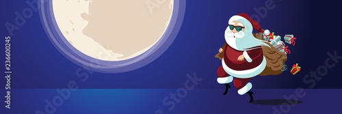 Secret Santa design with Cartoon Santa Claus delivering gifts while tiptoeing in front of the full moon. Eps10 vector illustration.