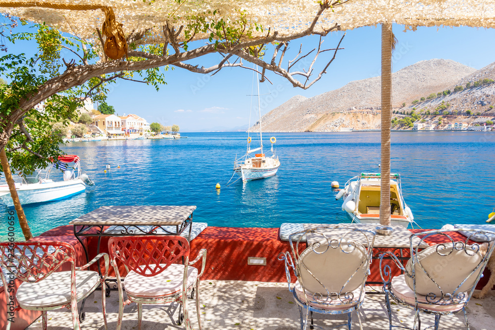 beautiful view on blue sea on Symi island in Greece