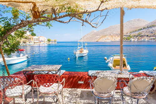 beautiful view on blue sea on Symi island in Greece