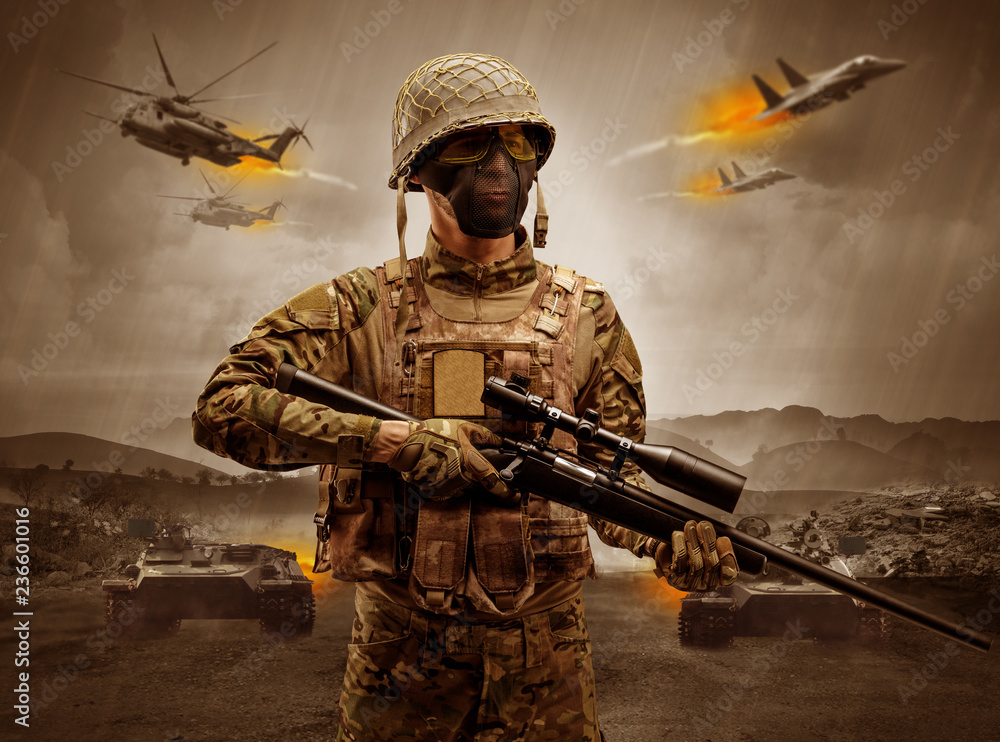 Armed soldier with sniper in the middle of a war
Armed soldier with sniper in the middle of a war