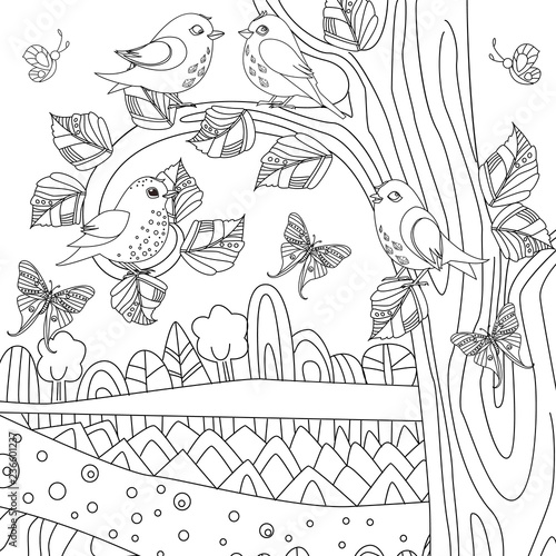 happy summer nature scenery with birds for your coloring book