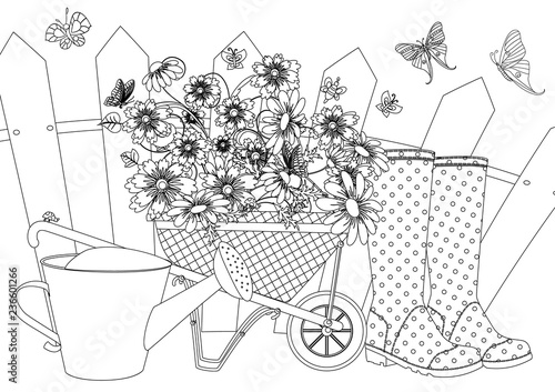 rustic landscape with set of lovely flowers in garden wheelbarrow, watering can, welly boots for your coloring book