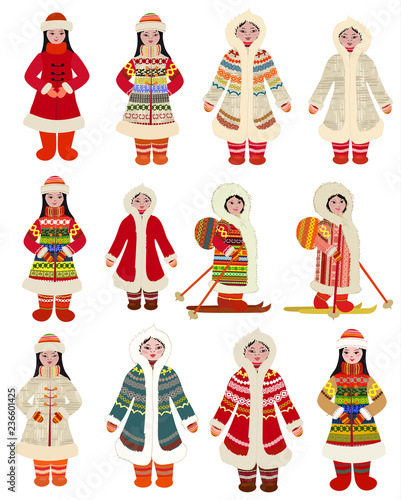 collection cartoon pictures of girls in traditional costume of northern peoples