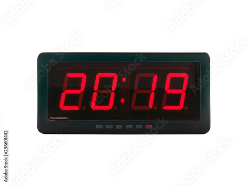 close up red led light illumination numbers 2019 on black digital electric alarm clock face isolated on white background, time symbol concept for celebrating the New Year