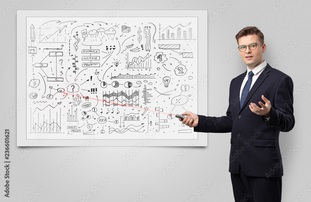 Professor with laser pointer teaching business theories Professor with laser pointer teaching business theories
