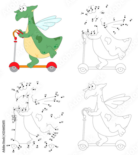 A happy green dragon is riding a scooter. Coloring book and dot to dot game for kids