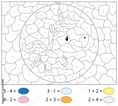 Cartoon unicorn. Addition and subtraction tasks. Color by number educational game