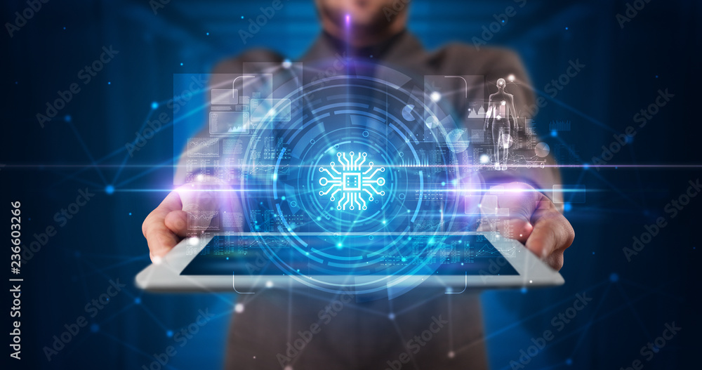 Hand holding tablet with online security and data protection concept
Hand holding tablet with online security and data protection concept