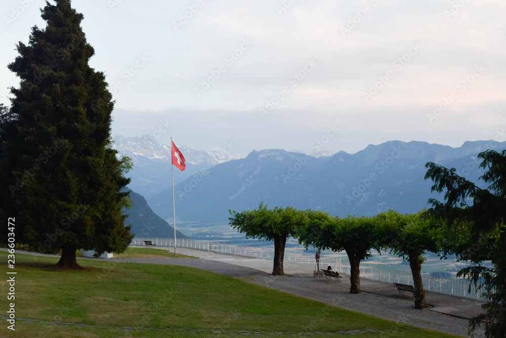 Fototapeta premium Swiss flag in Coux