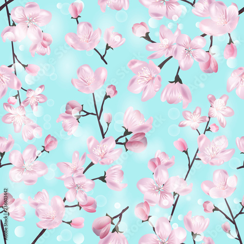 Vector botanical seamless pattern with Blossoming sakura branch on blue. Modern floral pattern for textile, wallpaper, print, gift wrap, greeting or wedding background.