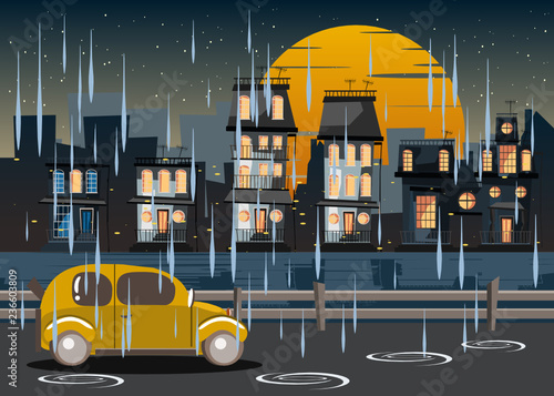 city in rain at night vector illustration