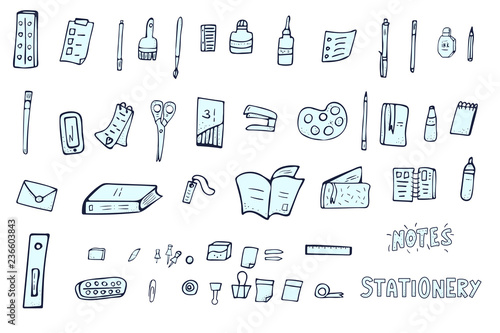 Set of vector doodle stationery. Office supplies.