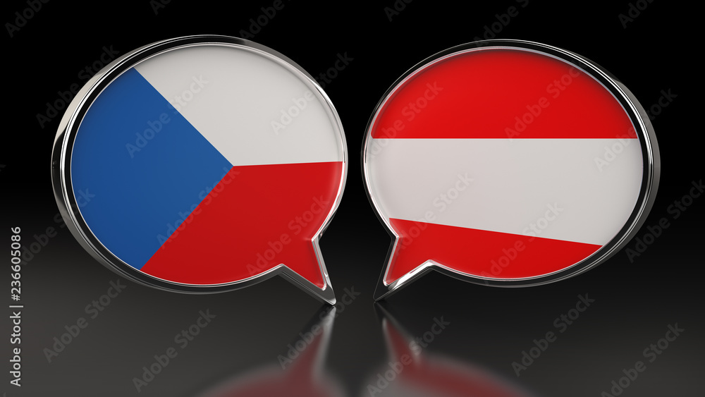 Czech Republic and Austria flags with Speech Bubbles. 3D illustration Czech Republic and Austria flags with Speech Bubbles. 3D illustration