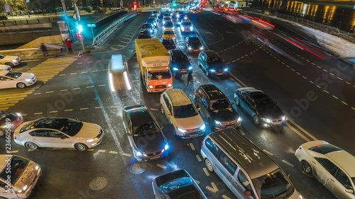 night traffic jam on the crossroad time lapse