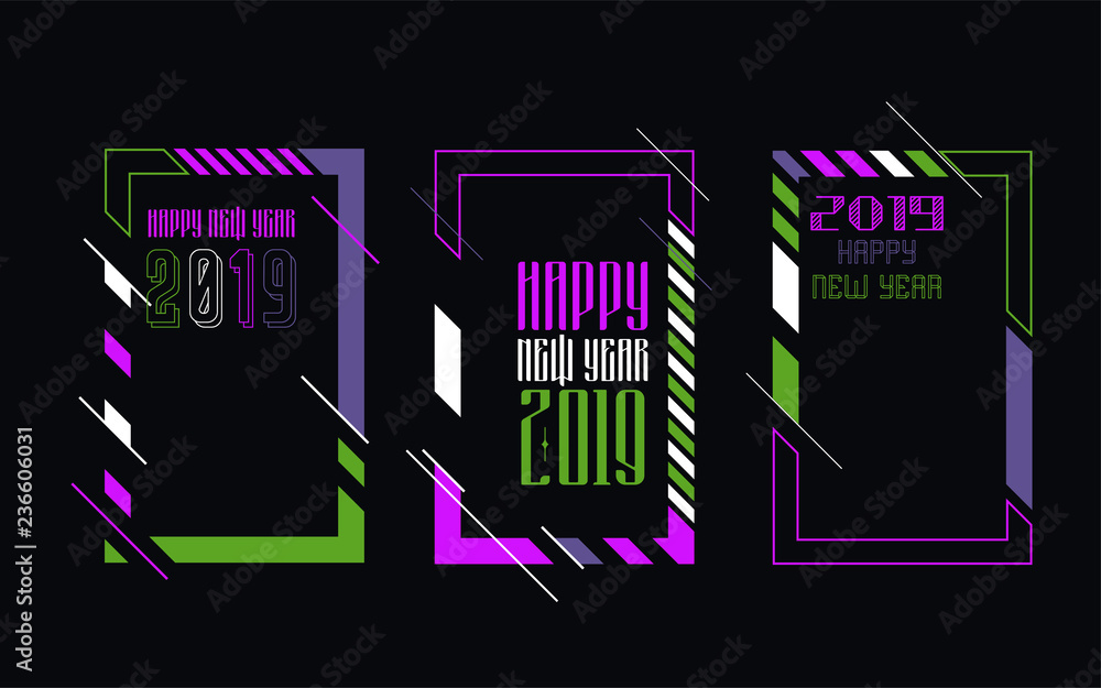 Obraz premium Vector vertical background frame for text Modern Art graphics for hipsters. Happy New Year 2019 design elements for design of gift cards, brochures