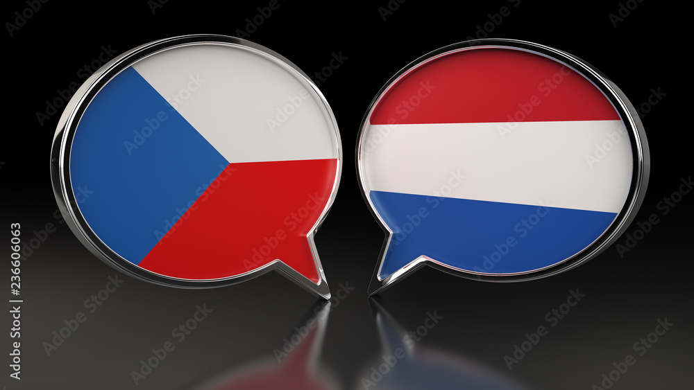 Czech Republic and Netherlands flags with Speech Bubbles. 3D illustration Czech Republic and Netherlands flags with Speech Bubbles. 3D illustration