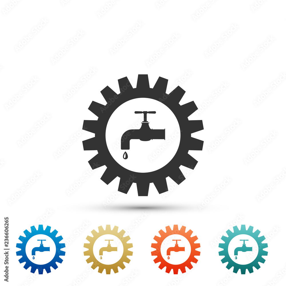 Gearwheel with tap icon isolated on white background. Plumbing work symbol. Set elements in colored icons. Flat design. Vector Illustration Gearwheel with tap icon isolated on white background. Plumbing work symbol. Set elements in colored icons. Flat design. Vector Illustration