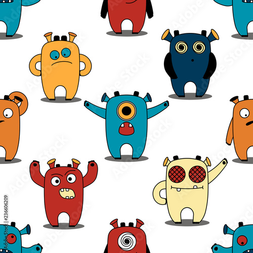 Seamless pattern. Cute little funny monsters on a white. Vector.