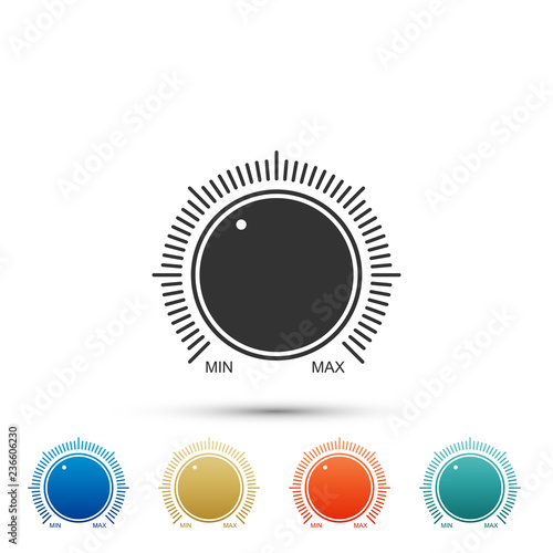 Dial knob level technology settings icon isolated on white background. Volume button, sound control, music knob with number scale, analog regulator. Colored icons. Flat design. Vector Illustration