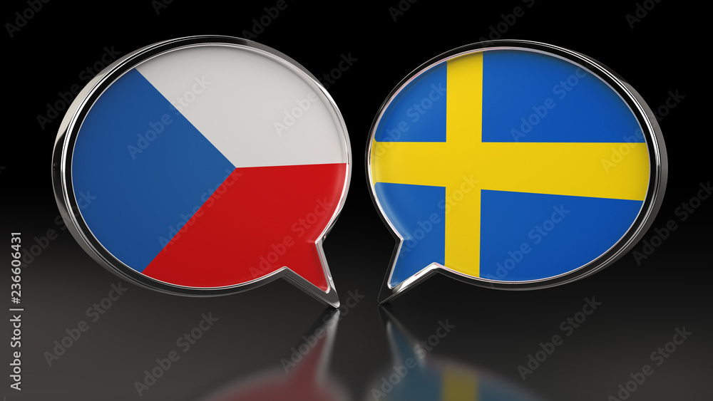 Czech Republic and Sweden flags with Speech Bubbles. 3D illustration Czech Republic and Sweden flags with Speech Bubbles. 3D illustration