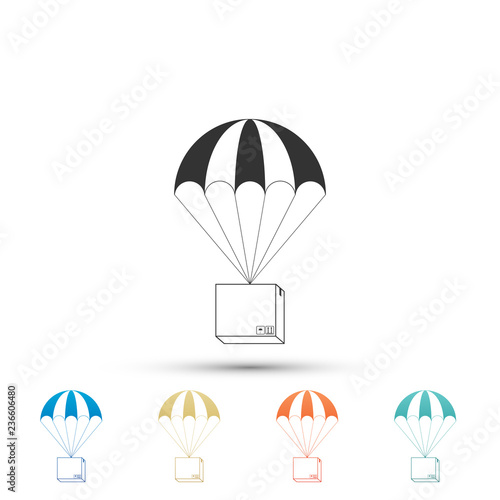 Fototapeta Naklejka Na Ścianę i Meble -  Box flying on parachute icon isolated on white background. Parcel with parachute for shipping. Delivery service, air shipping concept, bonus concept. Colored icons. Flat design. Vector Illustration