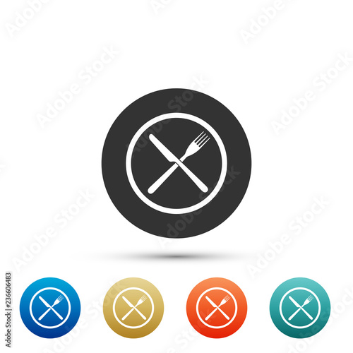 Crossed fork and knife on plate icon isolated on white background. Restaurant symbol. Set elements in colored icons. Flat design. Vector Illustration