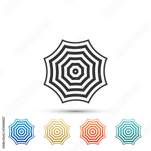 Sun protective umbrella fo beach icon isolated on white background. Large parasol for outdoor space. Summer vacation or picnic accessory. Set element in colored icons. Flat design. Vector Illustration