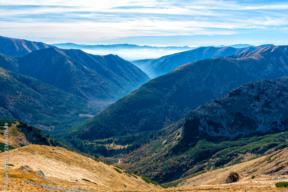 view on valley with fog in Tatra mountain in Slovakia