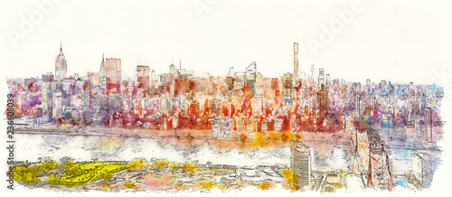 Aerial view of the Ed Koch Queensboro Bridge over the East River in New York City watercolor painting