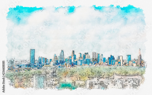 Photography View of the Shinjuku skyline from Shibuya, Tokyo, Japan watercolor painting