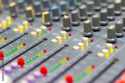 Close up Mixing Console of a big HiFi system, The audio equipment and control panel of digital studio mixer