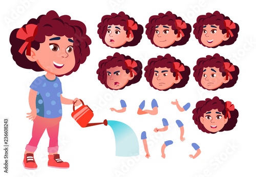 Girl, Child, Kid, Teen Vector. Casual Clothes. Positive. Face Emotions, Various Gestures. Animation Creation Set. Isolated Flat Cartoon Character Illustration