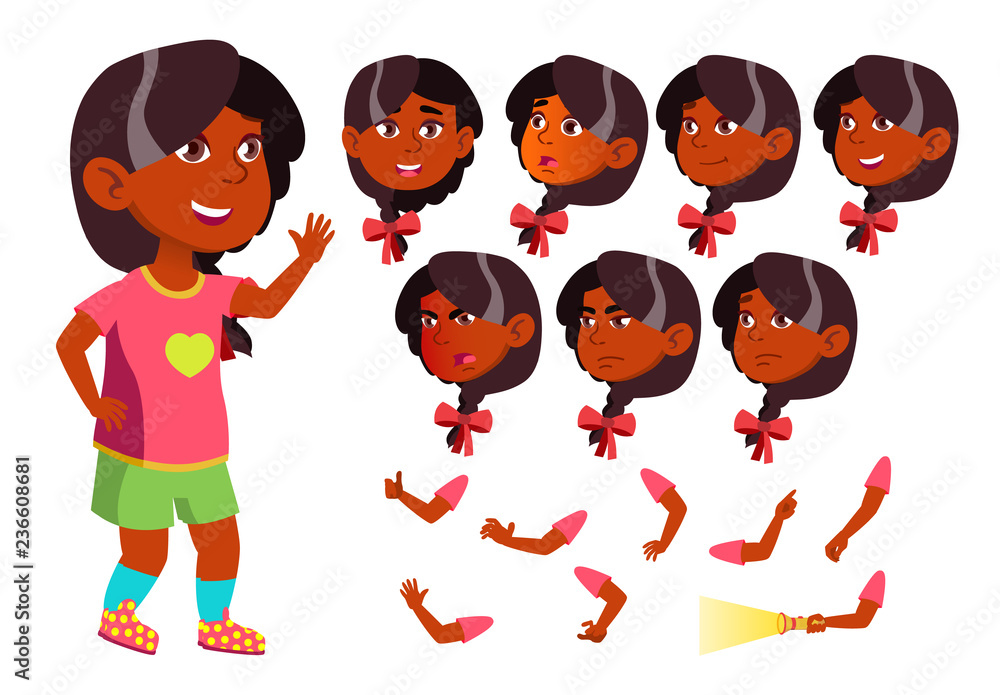 Girl, Child, Kid, Teen Vector. Indian, Hindu. Asian. Friend. Clever  Positive Person. Face Emotions, Various Gestures. Animation Creation Set.  Isolated Flat Cartoon Character Illustration Stock Vector | Adobe Stock